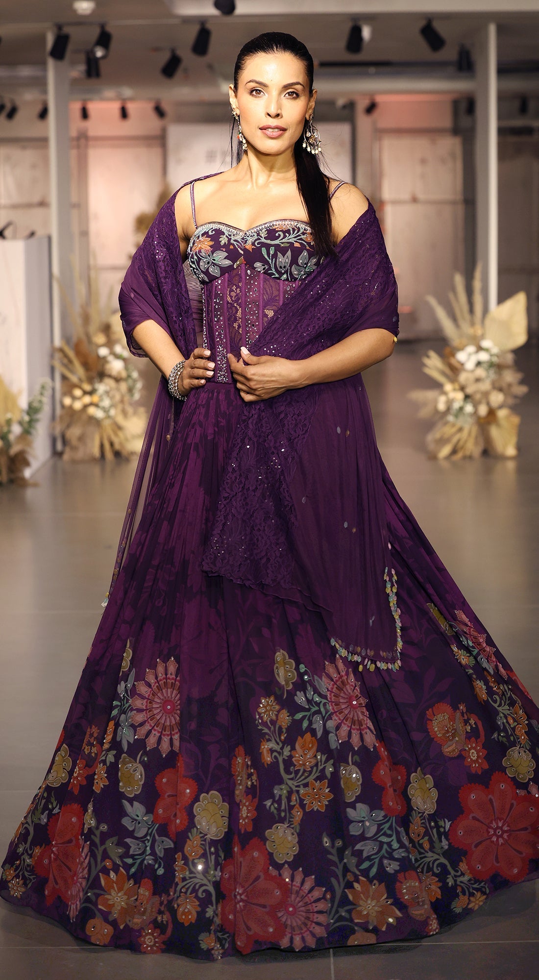 Purple Georgette Embroidered Lehenga Set