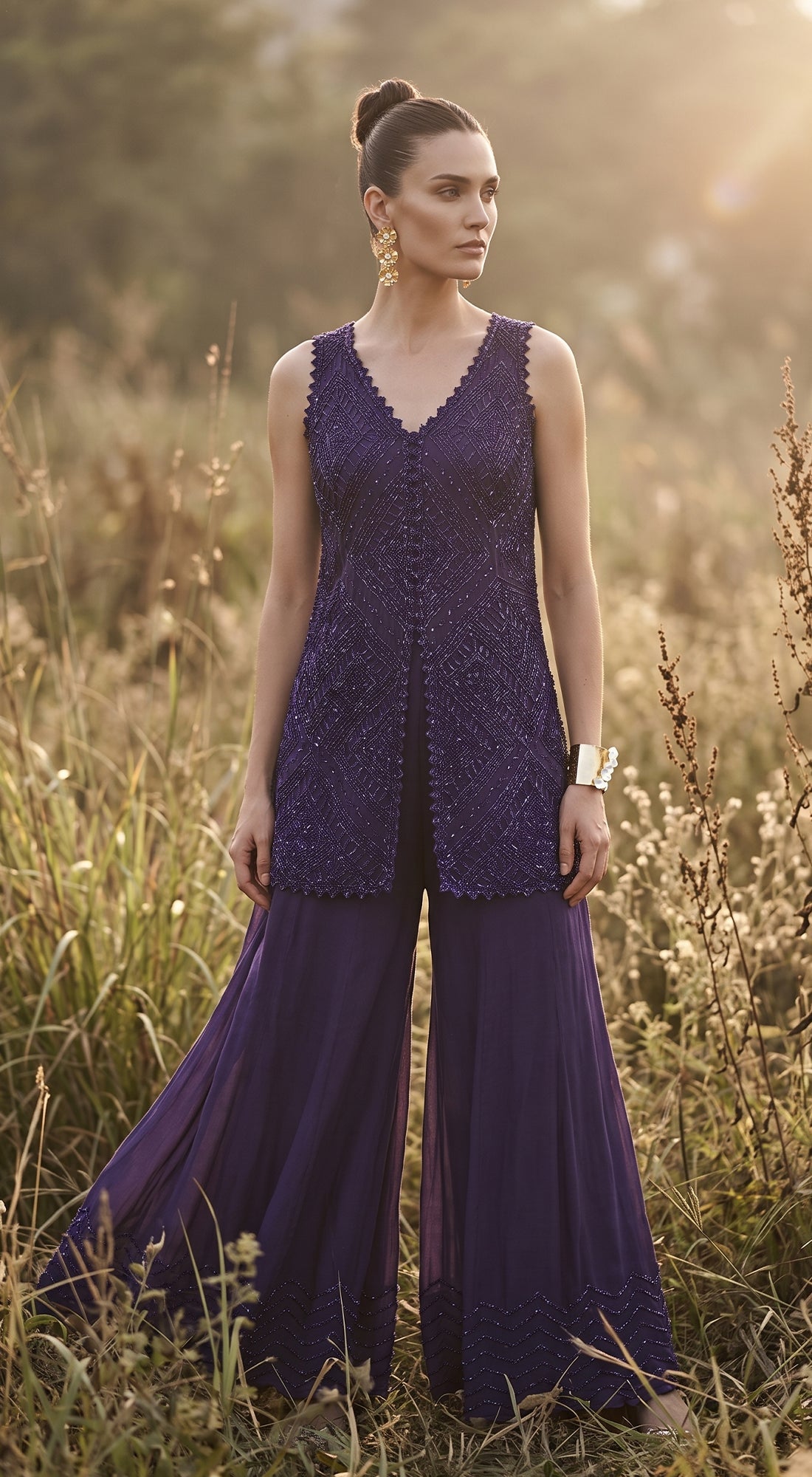 Purple Georgette Embroidered Sharara Set