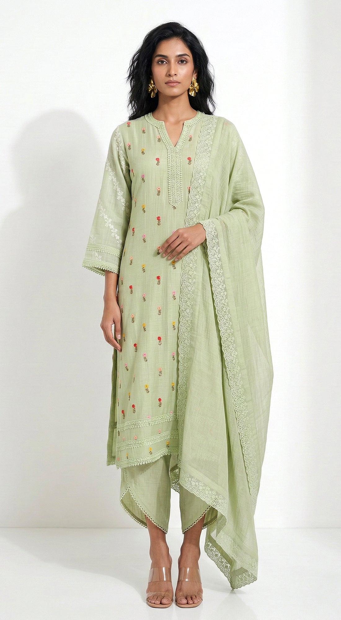 Green Cotton Chanderi Embroidered Kurta Set