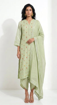 Green Cotton Chanderi Embroidered Kurta Set