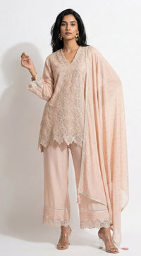 Peach Cotton Chanderi Embroidered Kurta Set