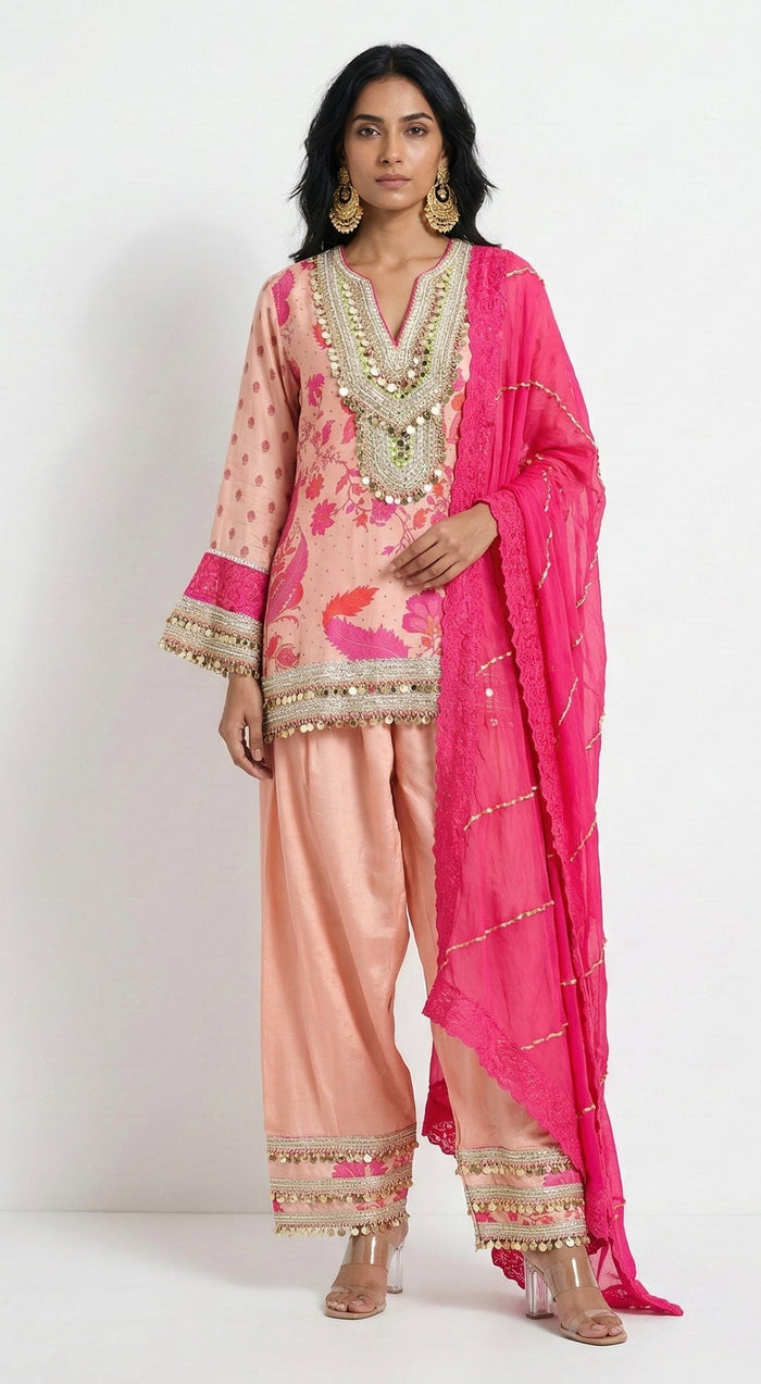 Pink Cotton Silk Embroidered Kurta Set