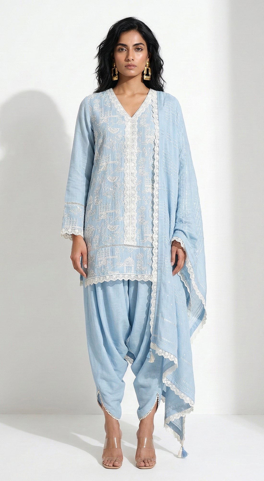 Blue Cotton Chanderi Embroidered Kurta Set