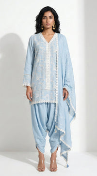 Blue Cotton Chanderi Embroidered Kurta Set
