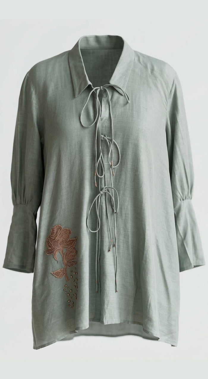 Aqua Zari Tie-Up Cotton Silk Shirt
