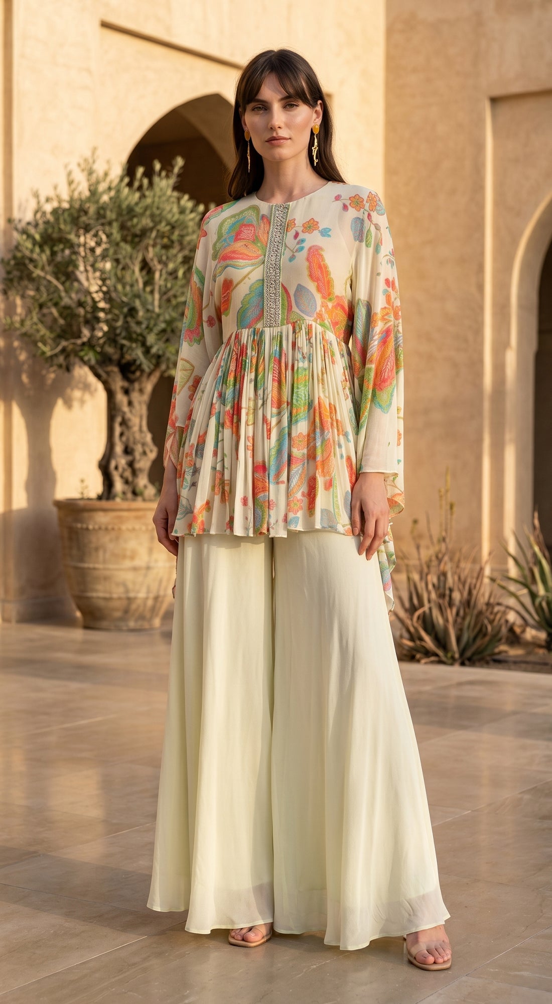 Ivory Pleat Embroidered Sharara Set