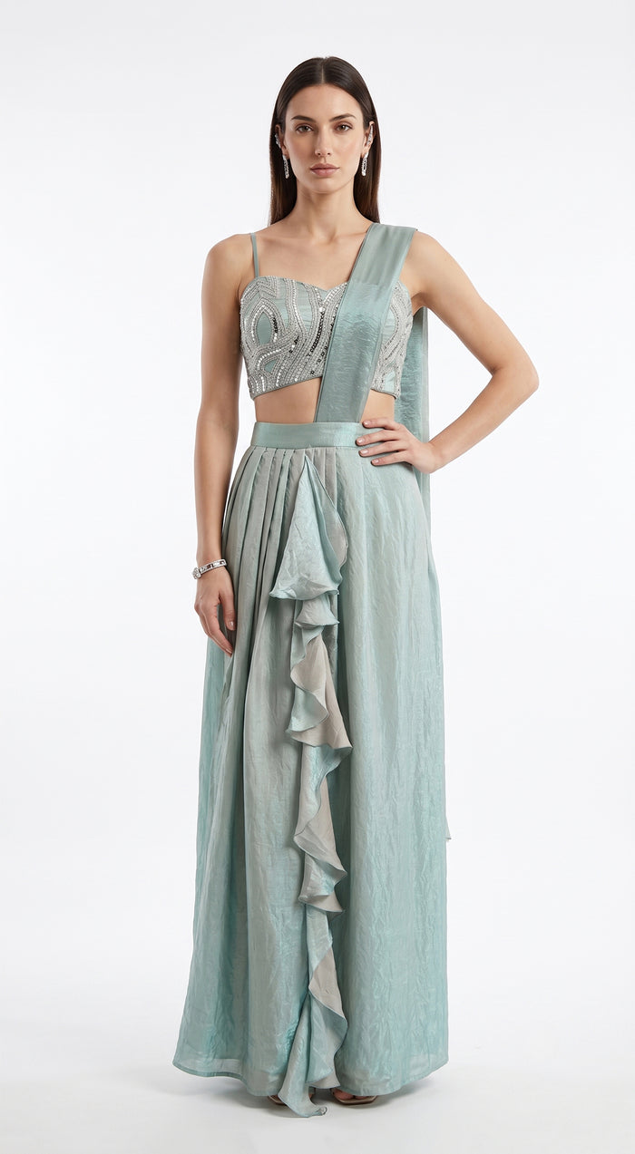 Aqua Crushed Tissue Draped Saree