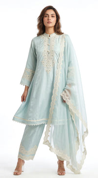 Aqua Cotton Embroidered Kurta Set