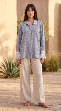 Blue Cotton Linen Abstract Shirt