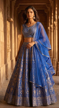 Blue Banarasi Embroidered Lehenga Set