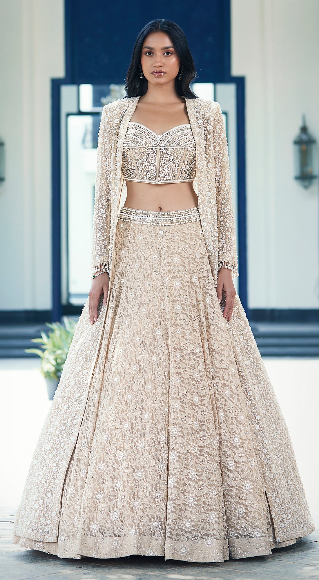 Beige Chantilly Net Embroidered Lehenga Set
