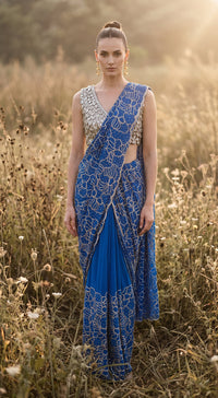 Blue Organza Embroidered Draped Saree