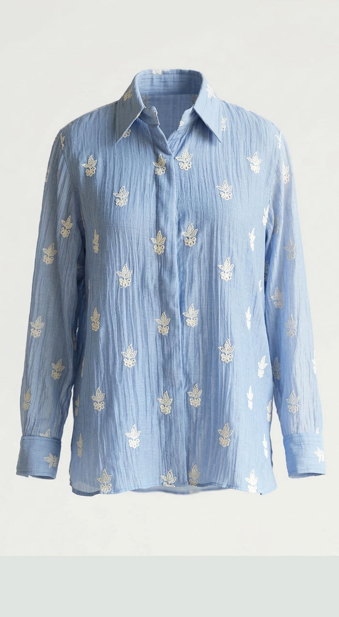 Blue Cotton Thread Embroidered Shirt
