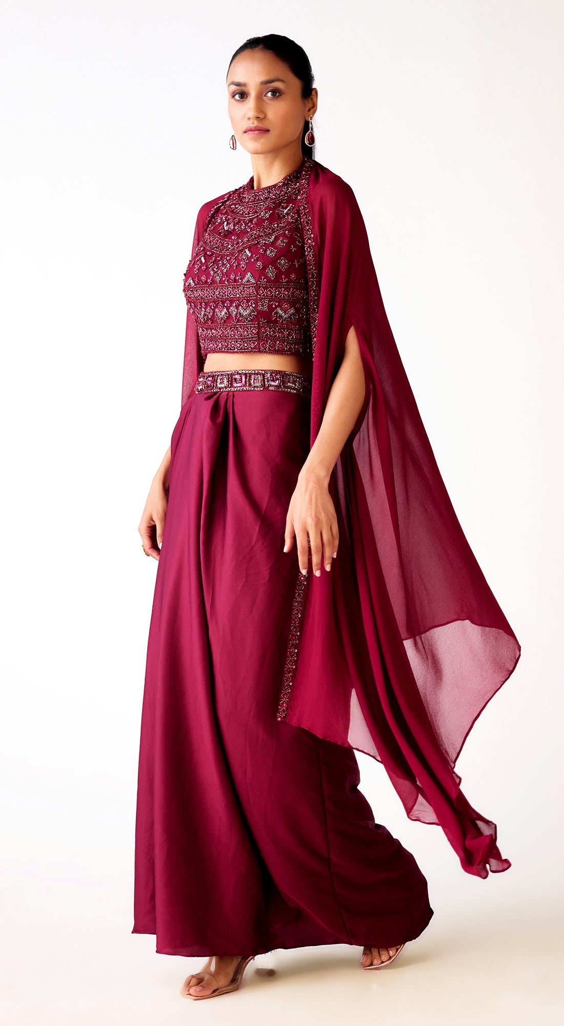 Maroon Satin Embroidered Cape Set