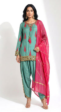 Green Muslin Embroidered Kurta Set