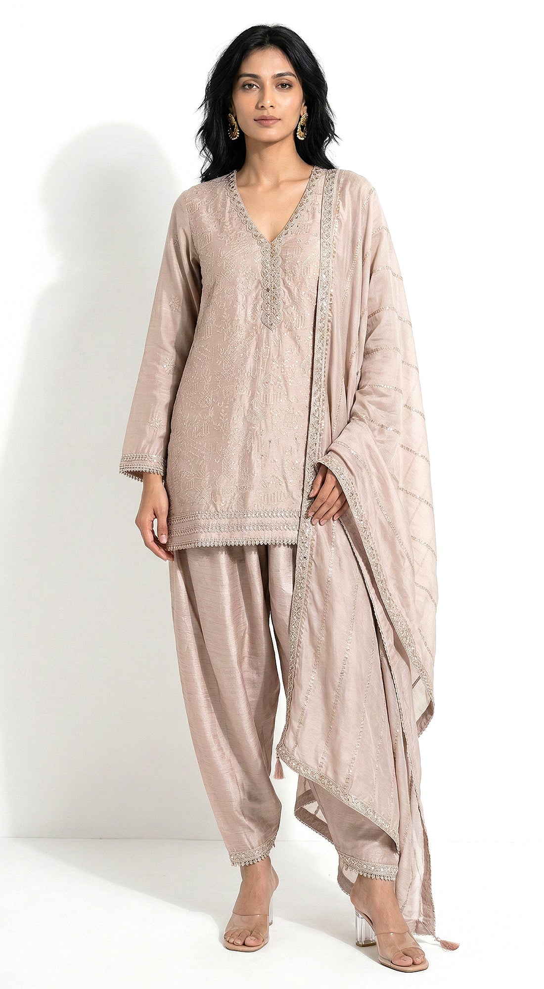 Beige Chanderi Embroidered Kurta Set