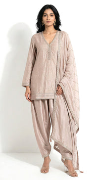Beige Chanderi Embroidered Kurta Set