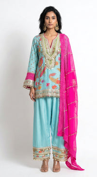 Blue Cotton Silk Embroidered Kurta Set