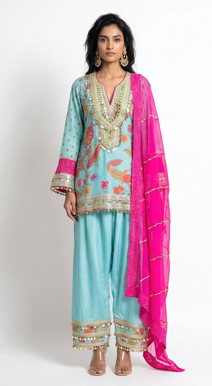 Blue Cotton Silk Embroidered Kurta Set