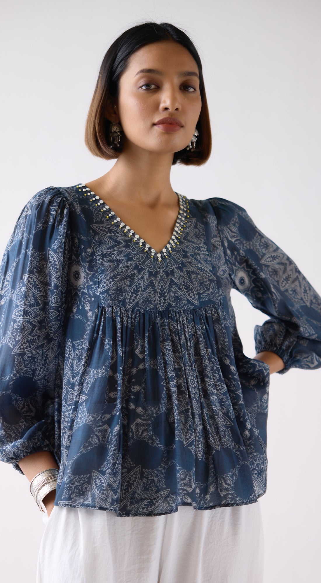 Blue Muslin Abstract Print Shirt