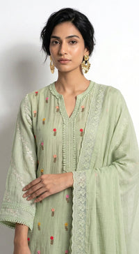 Green Cotton Chanderi Embroidered Kurta Set