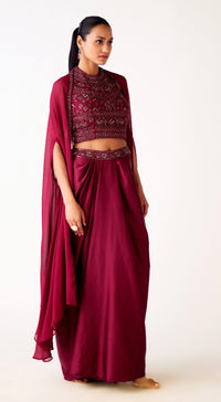 Maroon Satin Embroidered Cape Set