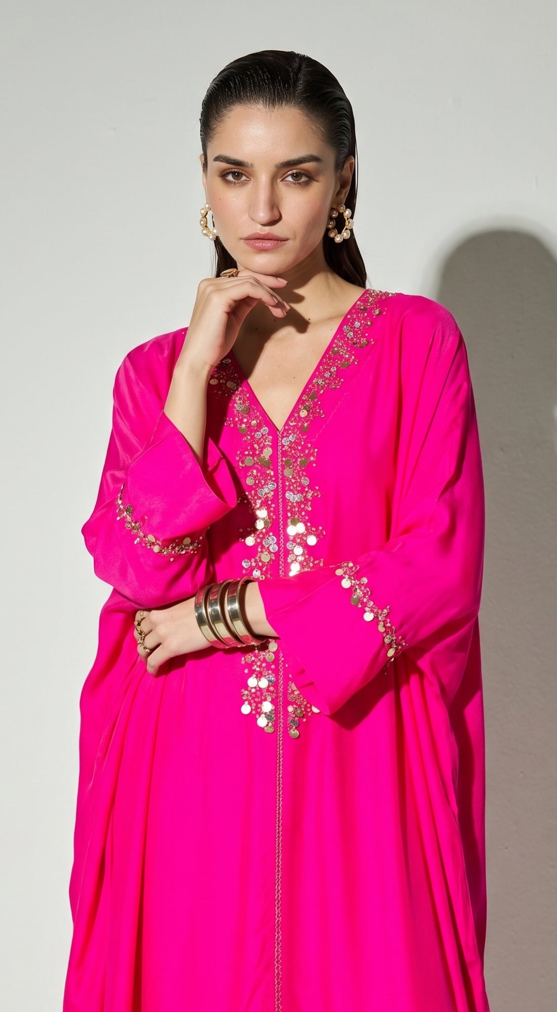 Rani-Pink Satin Embroidered Kaftan Set