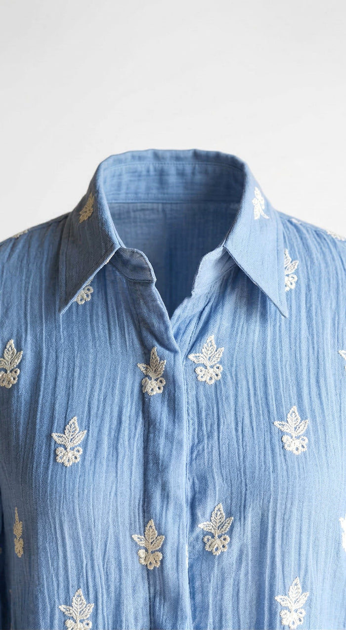 Blue Cotton Thread Embroidered Shirt