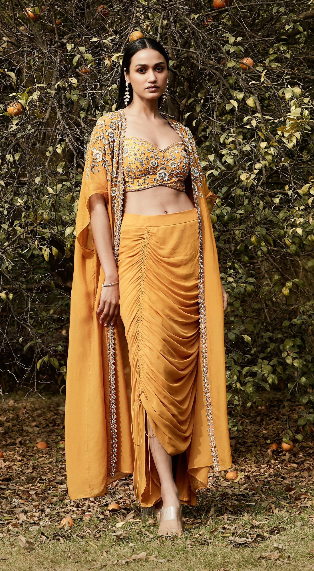Orange Draped Dhoti & Cape Set