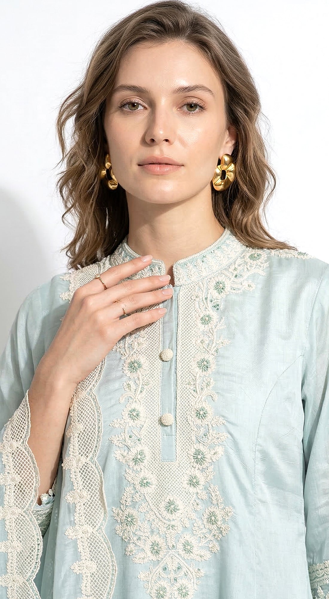 Aqua Cotton Embroidered Kurta Set