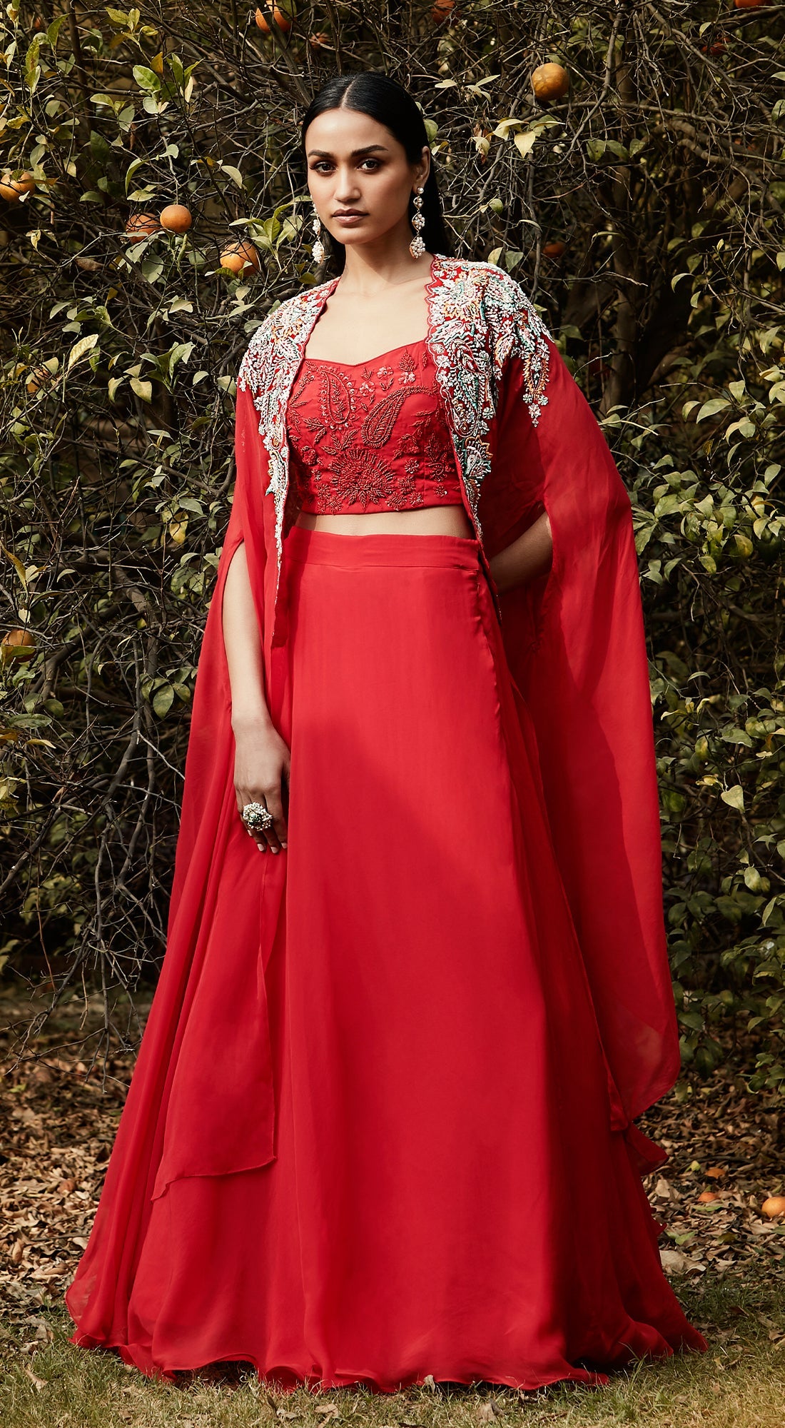 Red Embroidered Cape Set