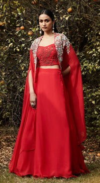 Red Embroidered Cape Set