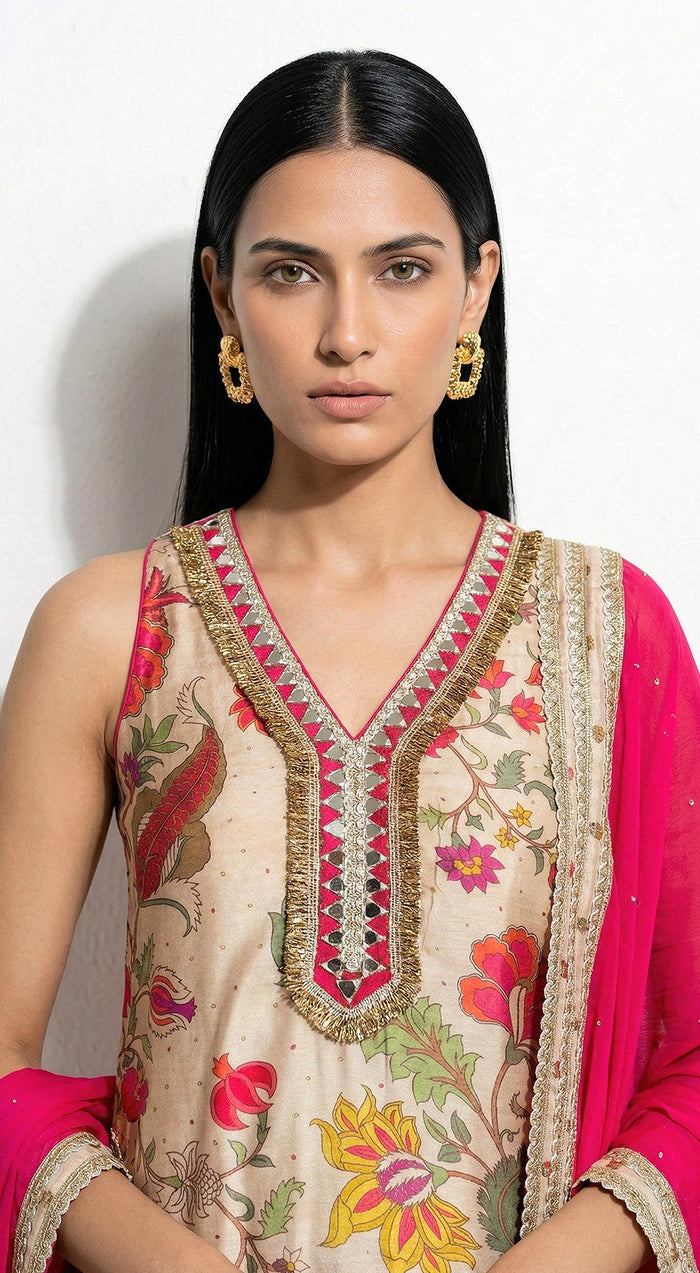 Pink Muslin Embroidered Kurta Set