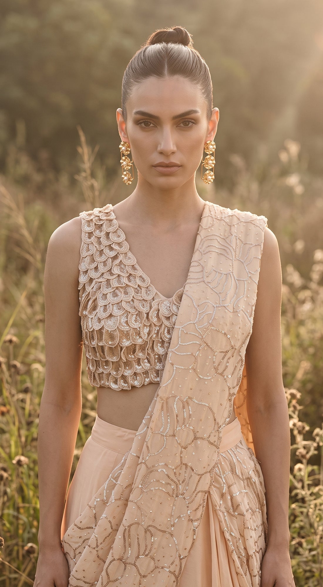 Ivory Organza Embroidered Draped Saree
