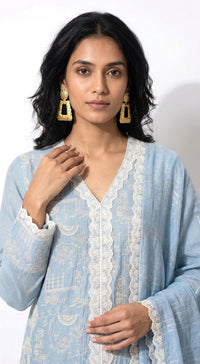 Blue Cotton Chanderi Embroidered Kurta Set