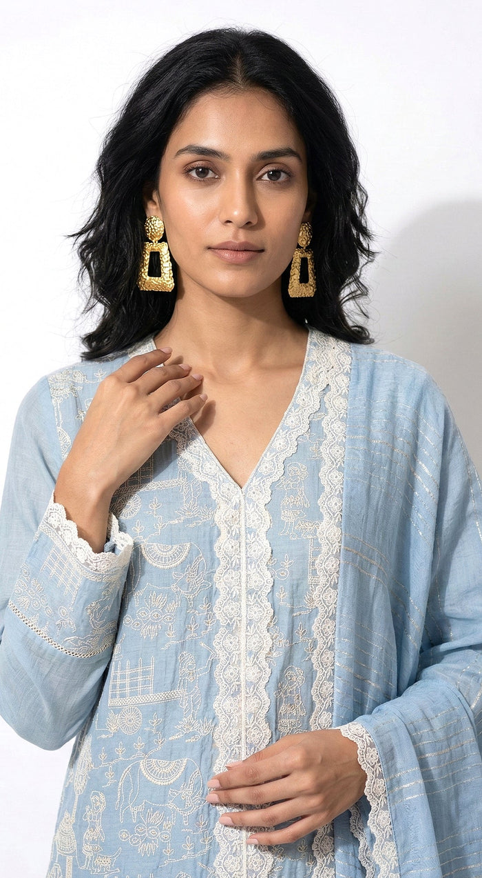 Blue Cotton Chanderi Embroidered Kurta Set