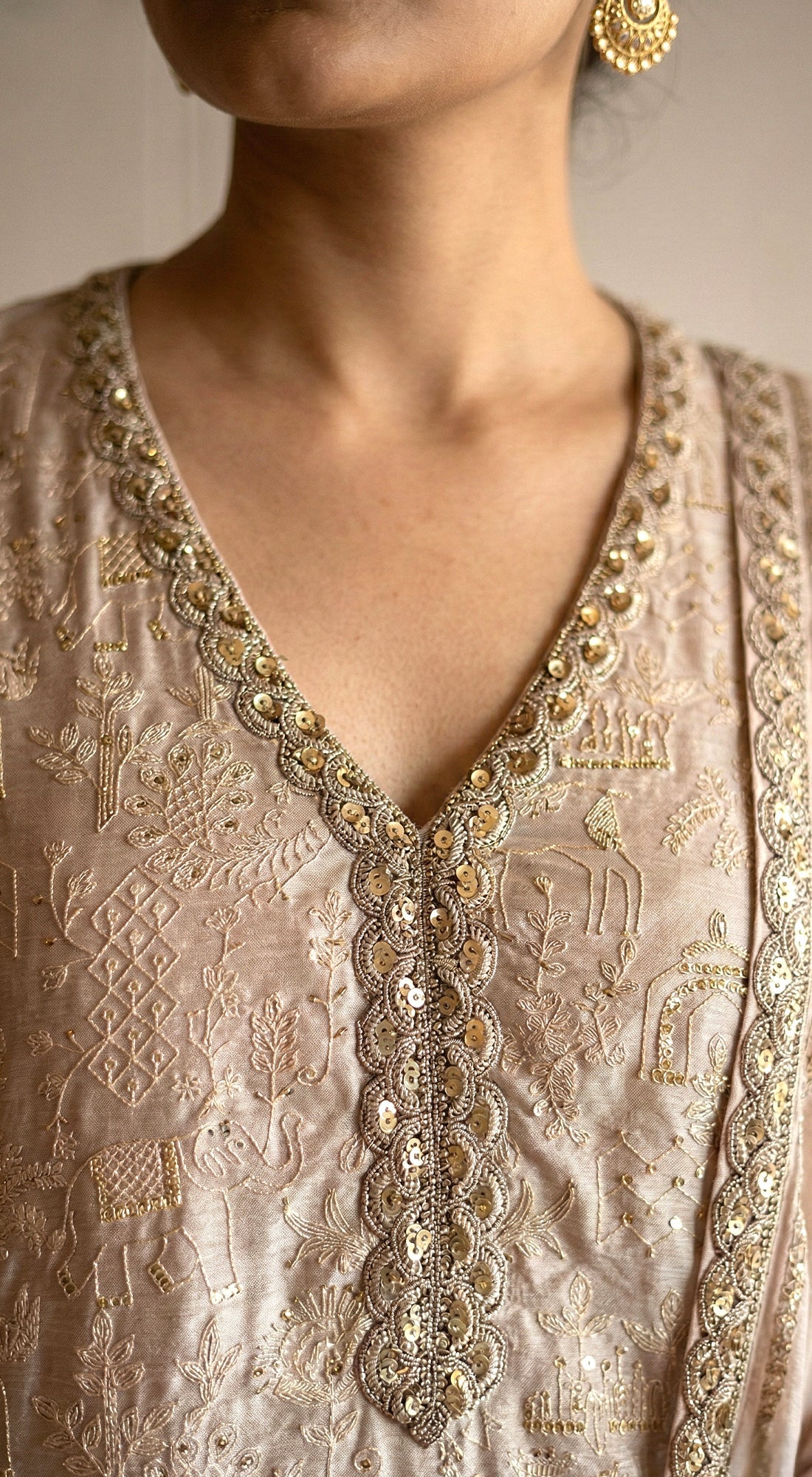 Beige Chanderi Embroidered Kurta Set