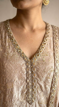 Beige Chanderi Embroidered Kurta Set