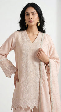 Peach Cotton Chanderi Embroidered Kurta Set
