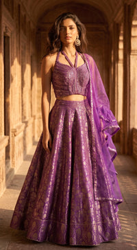 Purple Banarasi Embroidered Lehenga Set with Ruffled Dupatta