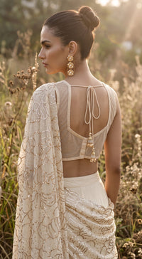 Ivory Organza Embroidered Draped Saree