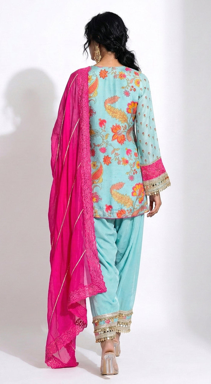 Blue Cotton Silk Embroidered Kurta Set