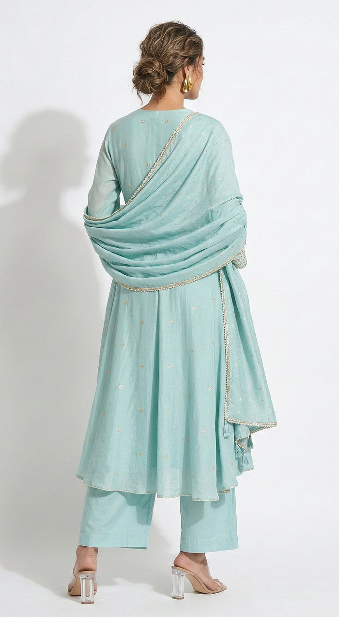 Aqua Cotton Embroidered Anarkali Kurta Set