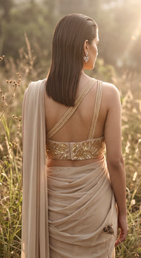 Beige Georgette Embroidered Draped Saree