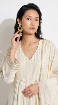 Ivory Cotton Embroidered Anarkali Kurta Set