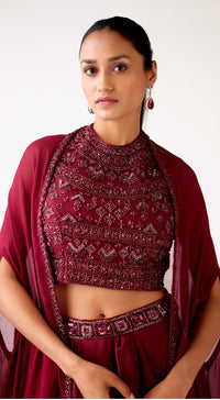 Maroon Satin Embroidered Cape Set
