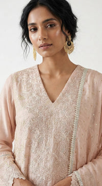 Peach Cotton Chanderi Embroidered Kurta Set