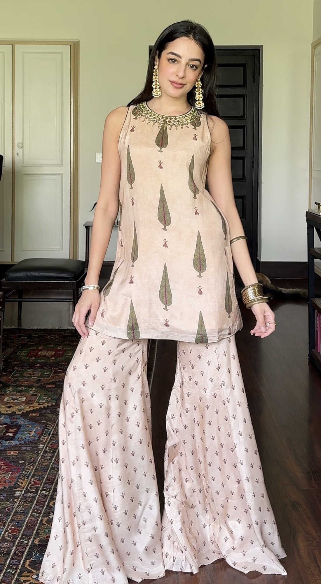 Beige Muslin Embroidered Palazzo Set