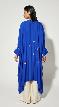 Blue Satin Embroidered Kaftan Set