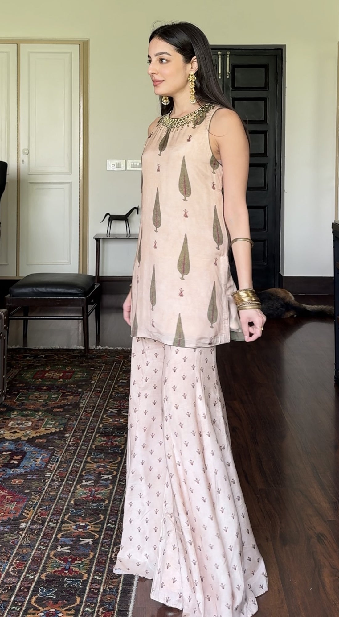 Beige Muslin Embroidered Palazzo Set